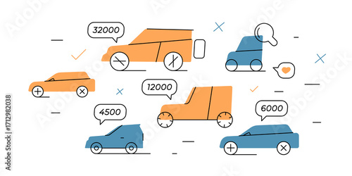 Line art vector illustration with cars, price bubble, check marks, crosses, and search icon. Concept of car market, buying, selling, automotive trade, choice, decision and transportation business.