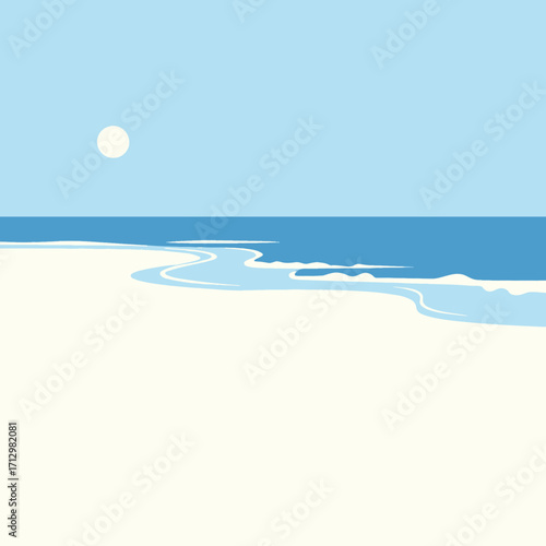 Minimalist illustration of a serene beach scene with a light blue sky, white sun, calm ocean waves, and a vast sandy shore.