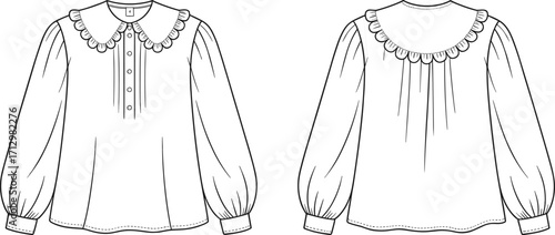 Women's long sleeve blouse fashion flat sketch with scalloped Peter Pan collar, puff sleeves, button front, and back technical garment illustration