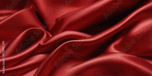 Close-up of a rich, deep red satin fabric. A close-up shot showcasing the luxurious drape and texture of a deep red satin fabric.	
