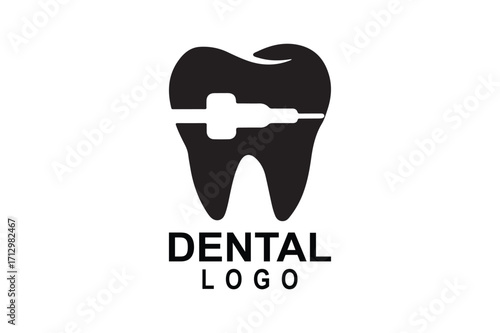 Modern dental logo featuring a tooth with braces and syringe