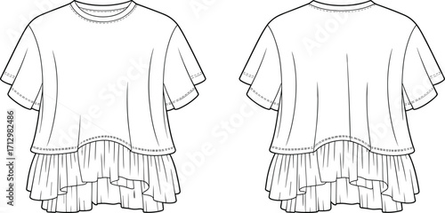 Women's loose fit short sleeve top fashion flat sketch with layered ruffle hem front and back technical garment vector illustration
