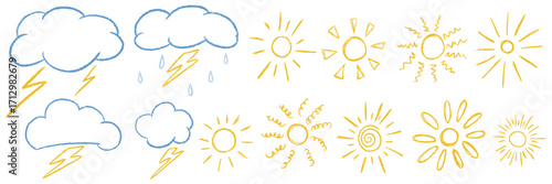 Kids crayon textured hand drawing weather icon set. Chalk grunge doodle outline naive.clouds, lightning bolt, rain, sun. Freehand childish pencil scribble. Baby elements. Vector illustration isolated.