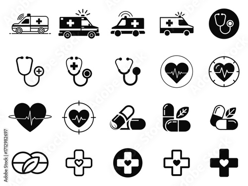 Flat Minimalist Health Icon Set. Black and White Medical Cross, Heart Rate, Pills, Stethoscope, and Ambulance Symbols