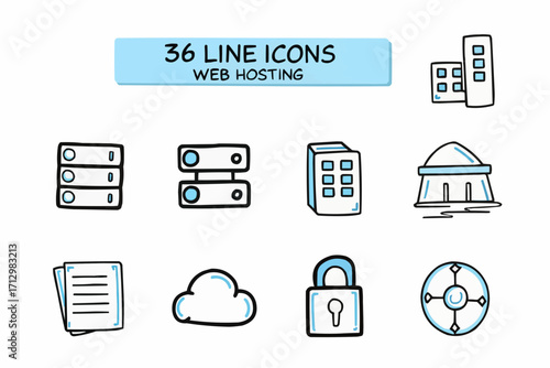 Illustration of web hosting icons including servers, buildings, cloud, padlock and target in line art style