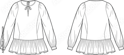 Women’s long sleeve blouse fashion flat sketch front and back view with bow tie neckline, puff sleeves, and peplum hem design illustration