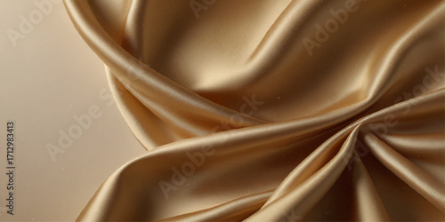 Luxurious Cream and Beige Satin Fabric Drape. Close-up view of flowing cream and beige satin fabric, showcasing its smooth texture and elegant drape.	
