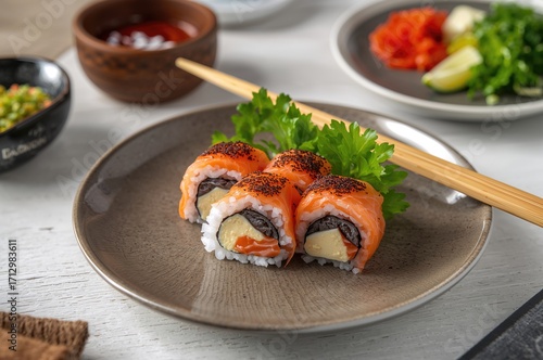 Slice of tasty sushi roll f...