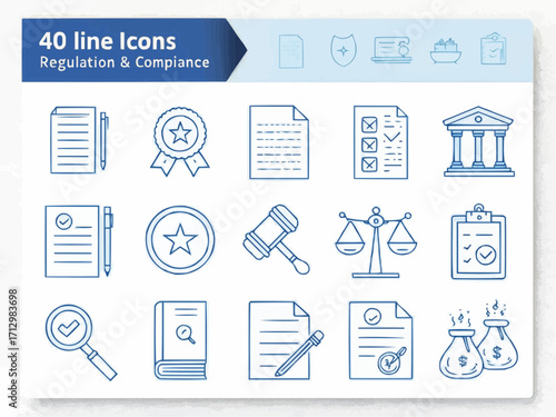 Illustration of regulation and compliance icons including documents and money bags in blue lines