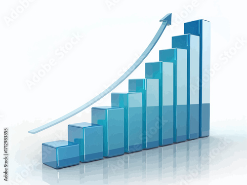 A blue bar graph showing an upward trend with an arrow indicating growth and positive financial progress