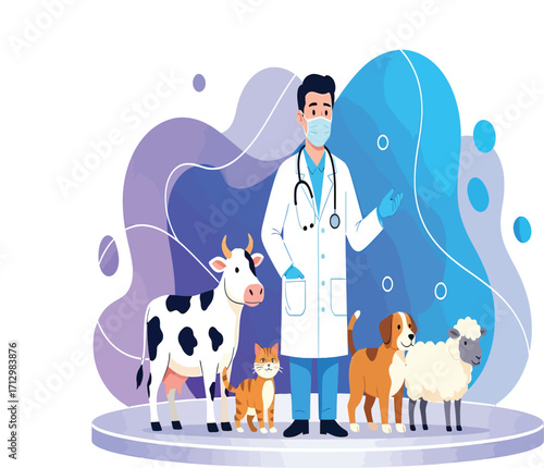 Vector, veterinarian with cow, cat, dog, sheep, abstract background
