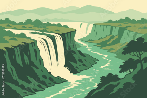 a stunning natural landscape features powerful waterfalls plunging into a turquoise river, with verdant cliffs and distant, hazy mountains