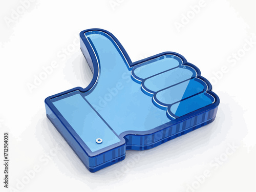 A blue thumbs up icon with a layered plastic design casting a soft shadow on a white surface background