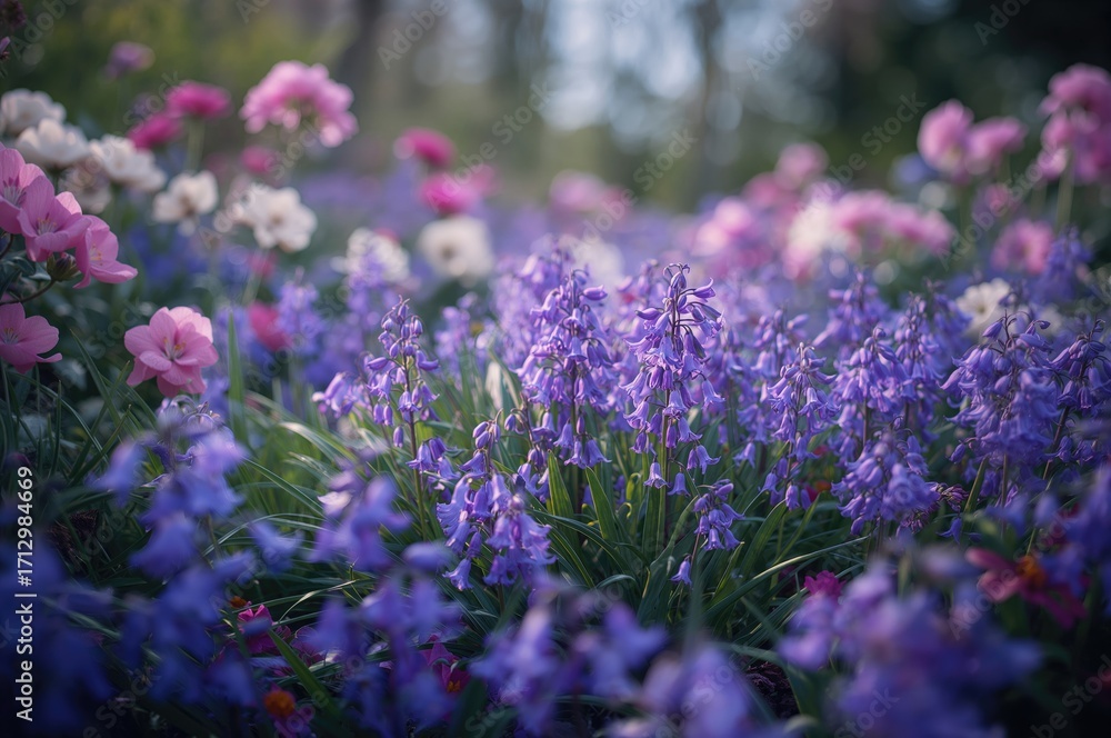 Obraz premium Bluebell blossoms in spring with soft backdrop