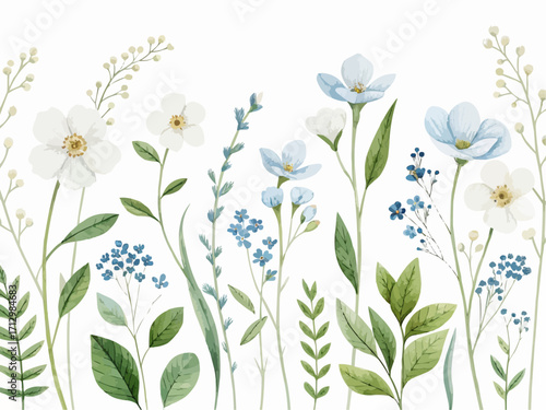 Watercolor illustration of white and blue flowers with green leaves on a white background image art