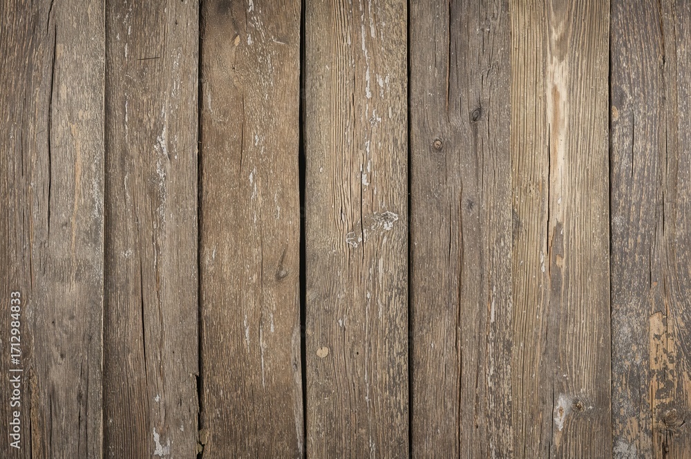 Naklejka premium Aged wooden barn plank featuring chipped paint and organic hues, highlighting its natural grain and rugged appeal, ideal for rustic home decoration or artistic projects.
