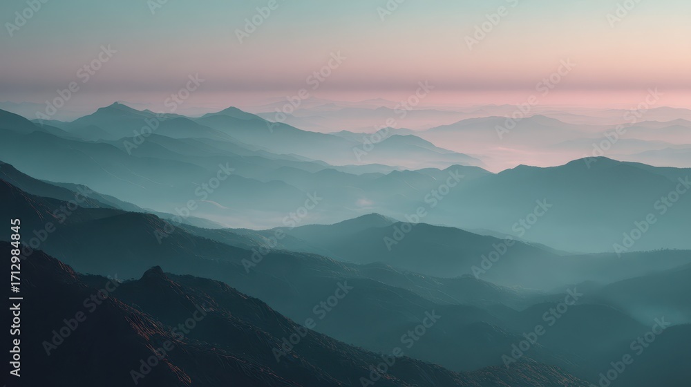 Fototapeta premium Misty Mountain Range at Sunset, Serene Landscape View.