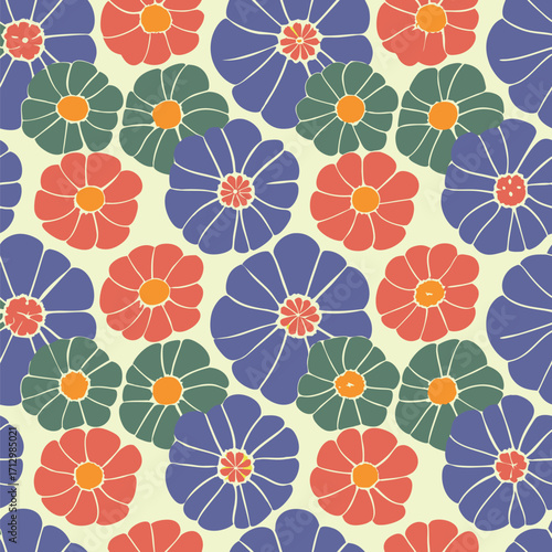 A seamless repeating pattern of stylized chrysanthemum flowers in coral, teal, and orange hues on a pale yellow background.
