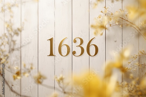 A wooden surface originally white and marked 1636 now coated in golden yellow paint.