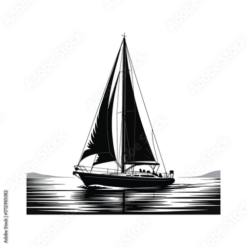 Sailing Boat Silhouette Illustration on Water with Full Sails and Distant Shoreline