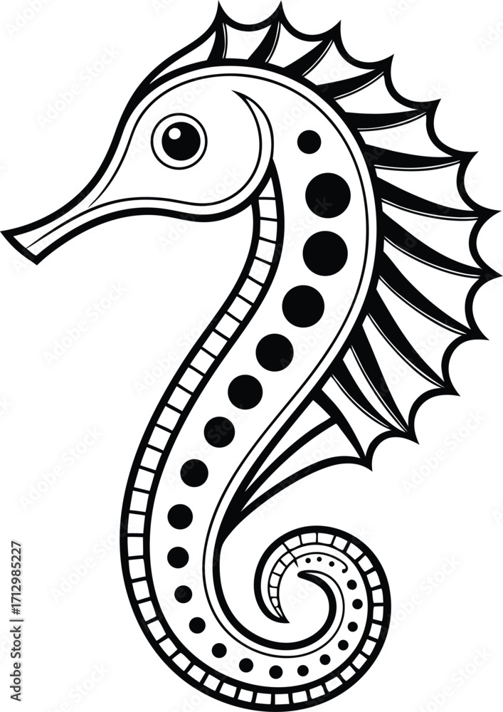 Naklejka premium Black and white stylized seahorse with decorative elements marine life ocean