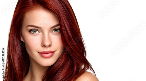 Beautiful model showing long, shiny, red hair on white background