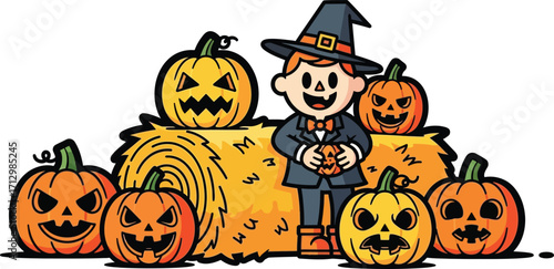 Cute Ghost Family with Pumpkins Halloween Vector on White Background
