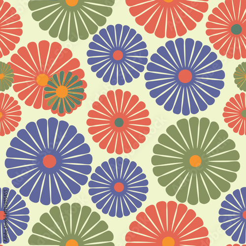 A seamless repeating pattern of stylized chrysanthemum flowers in coral, teal, and orange hues on a pale yellow background.