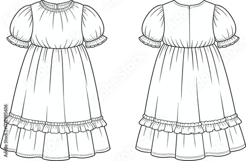 Technical fashion flat sketch of girl’s puff sleeve ruffle dress front and back views, garment design, sewing pattern, vector illustration