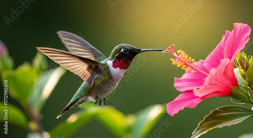 Hummingbird Feeding on Flower.