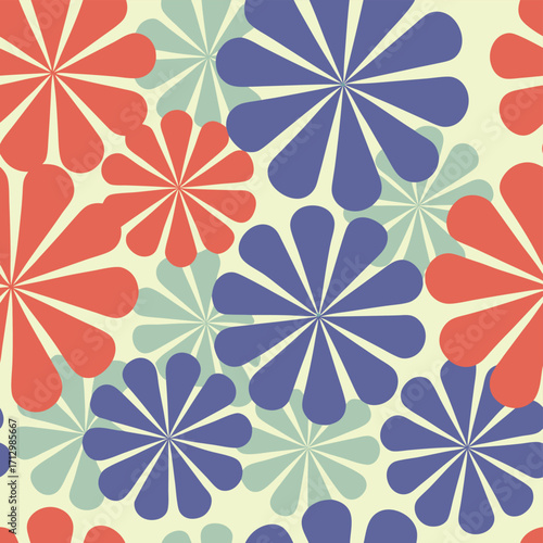 A seamless repeating pattern of stylized chrysanthemum flowers in coral, teal, and orange hues on a pale yellow background.