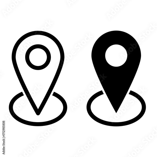 Location pin icon, vector illustration showing map marker symbol in outline and solid style, black design for navigation and GPS concepts.