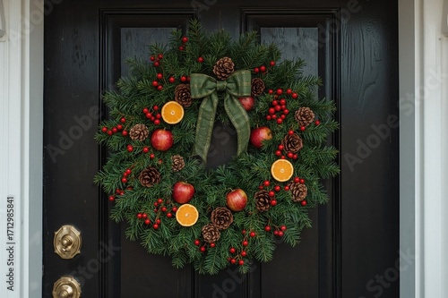 A vibrant holiday wreath ad...
