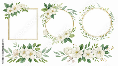 Elegant floral frames and borders with white flowers and green leaves for wedding invitations and designs