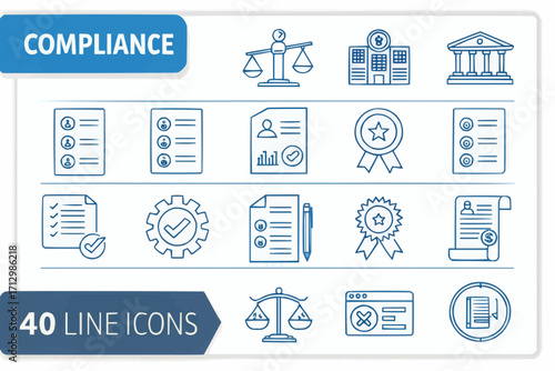 Illustration of compliance icons featuring scales, buildings, documents, and checkmarks in line art style