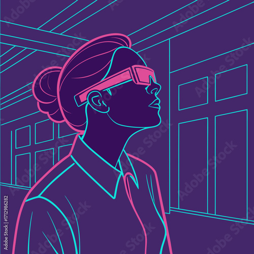 Woman wearing futuristic goggles in a neon lit environment