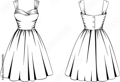 Vintage fashion flat sketch of sleeveless pleated strap dress with sweetheart neckline, full flared skirt, button back, and fitted bodice design