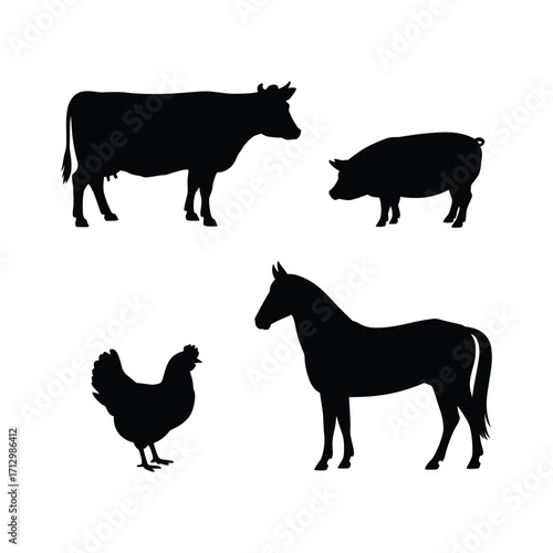 Farm Animals Silhouette Illustration Set Cow Pig Chicken Horse Livestock Graphic Design