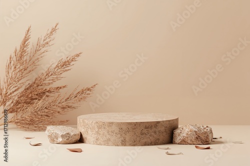 Dry leaves on stone podium,...