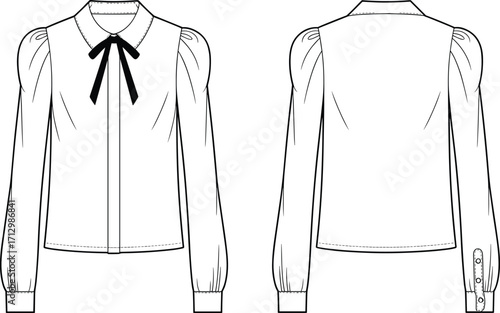 Fashion technical flat sketch of women’s blouse with Peter Pan collar, ribbon bow, puff sleeves, button cuffs, and front placket design