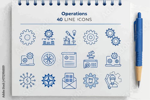 Operations line icons displayed on a notepad with a blue pen resting on the right side of the notepad