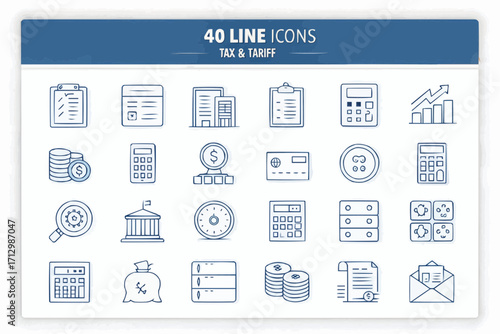 Illustration of tax and tariff line icons including calculator building and money related symbols