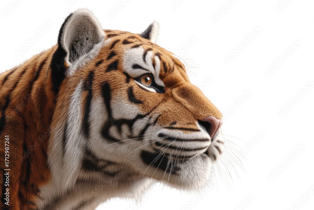 Fototapeta premium Close-up of majestic tiger face with intense gaze in profile view, cut out