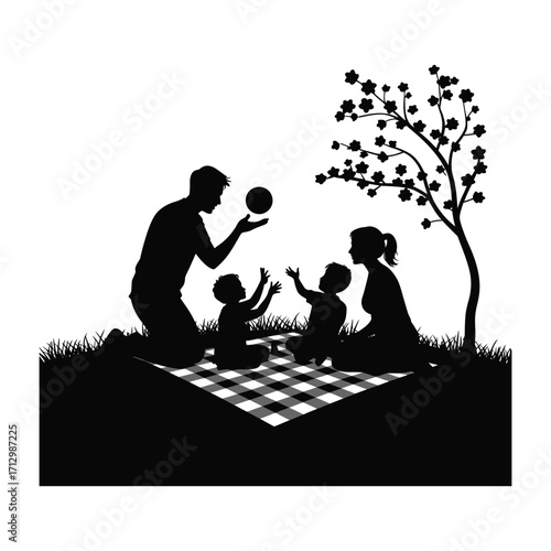 Family Picnic Silhouette Illustration with Parents and Children Playing in the Park Scene