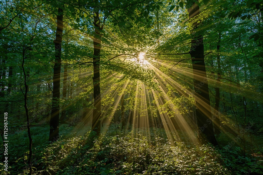 Fototapeta premium Sunbeams shining through foliage