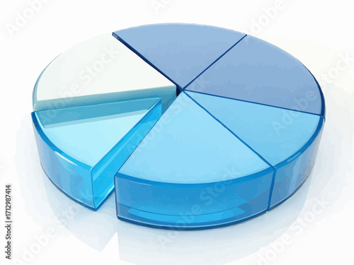 A close up of a pie chart with varying shades of blue and white on a white surface with a shadow