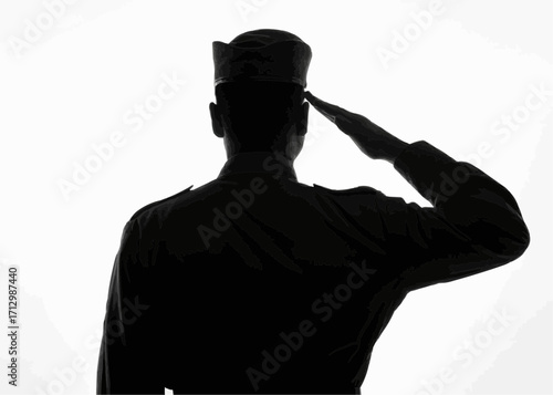 Silhouette of a soldier in uniform saluting against a white background in a respectful gesture
