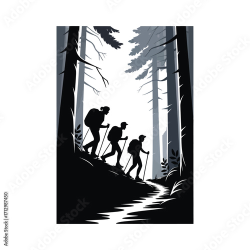 Hikers Silhouette Illustration Ascending Through Forest Trees on a Mountain Trail