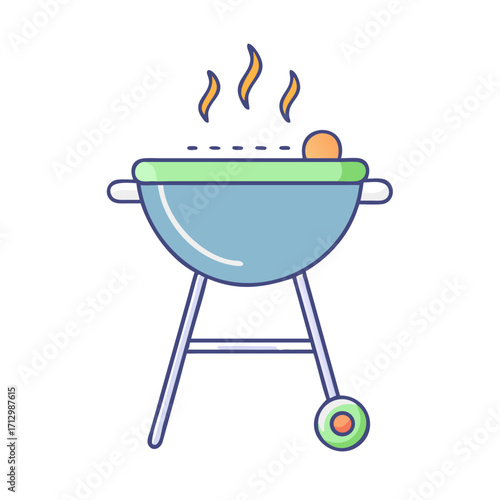 Colorful cartoon illustration of a barbecue grill with rising smoke on white