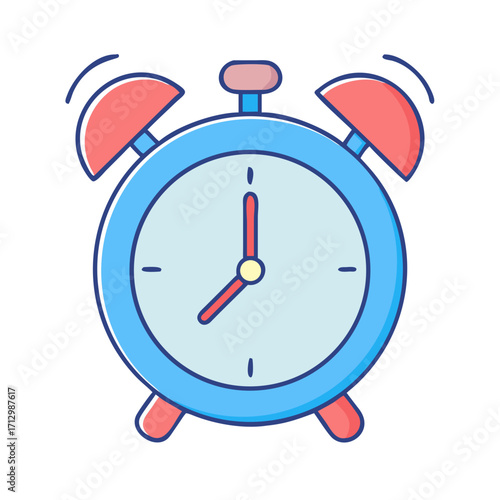 Blue vintage alarm clock with red bells ringing at seven o'clock